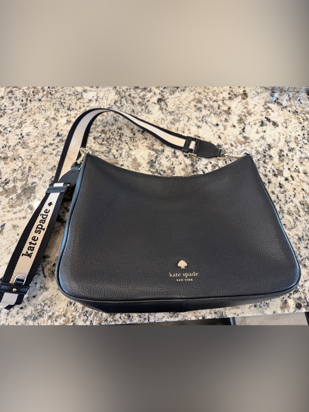 kate spade Black Pebbled Leather Belt Bag with Striped Logo Strap